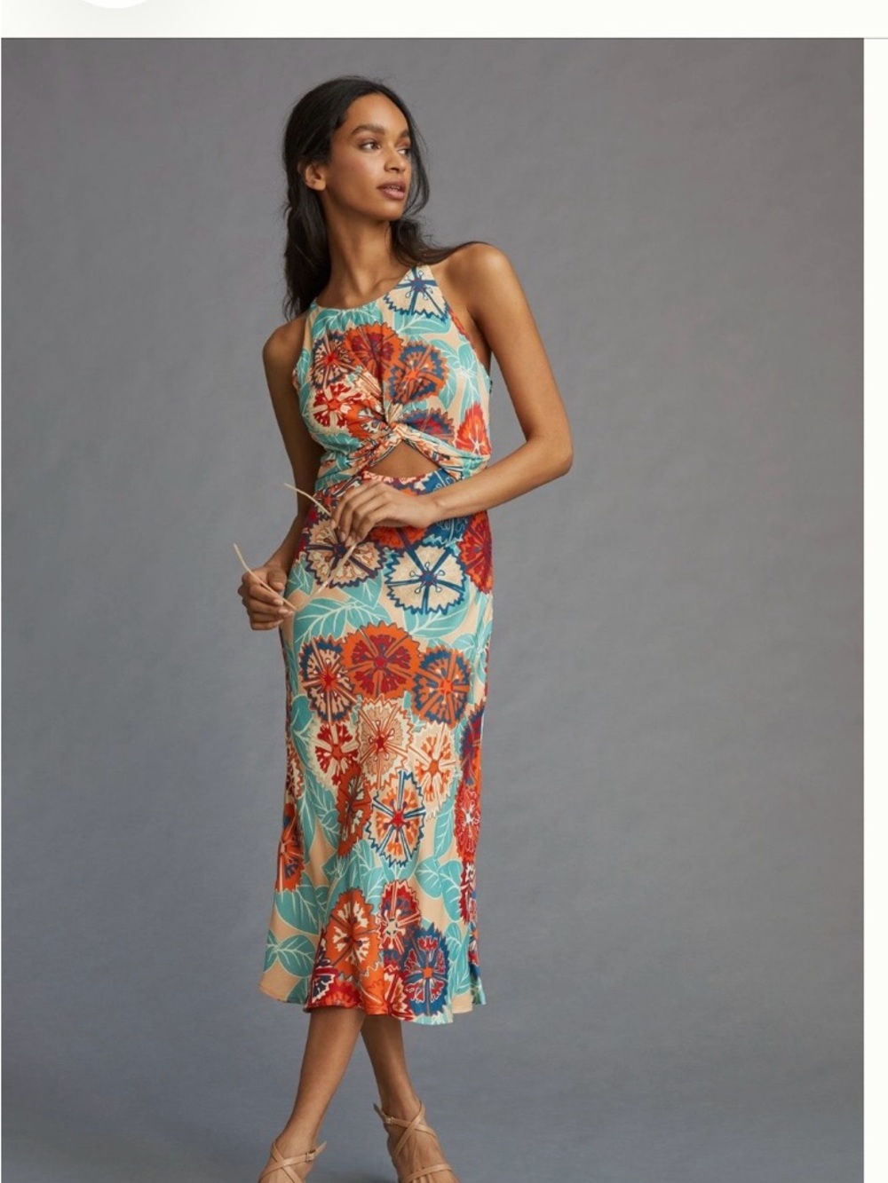 Anthropologie Floral Twist-Front Midi Dress in Teal and Coral